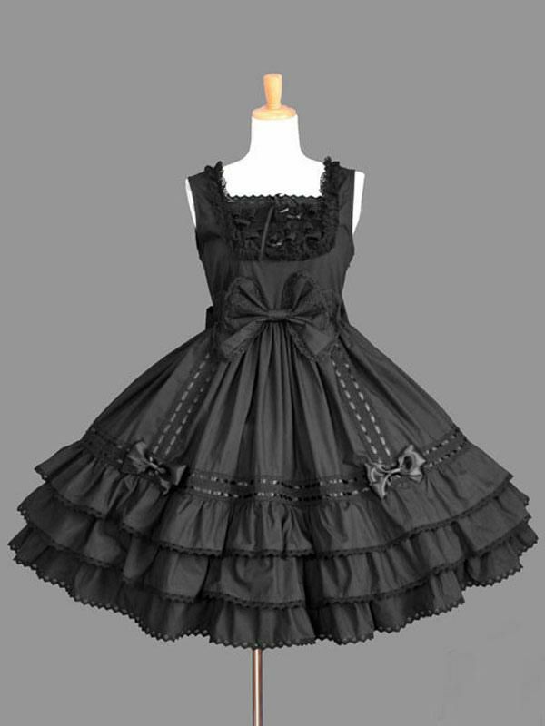 Lolita Clothing |  Sweet Lolita JSK Dress Lace Up Bow Ruffle Cotton Black Lolita Jumper Skirt Hobbies Lolita Clothing