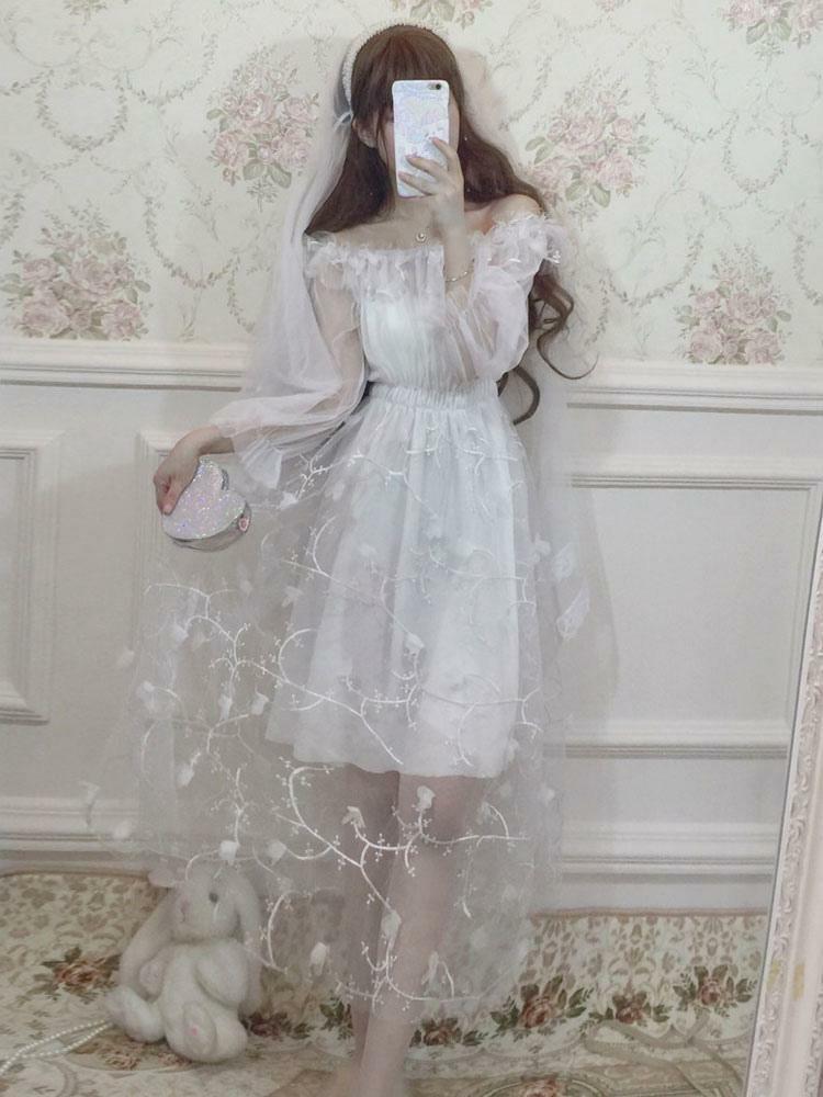 Lolita Clothing |  Sweet Lolita OP Dress Ruffle Flower Tulle White Lolita One Piece Dress Hobbies Lolita Clothing