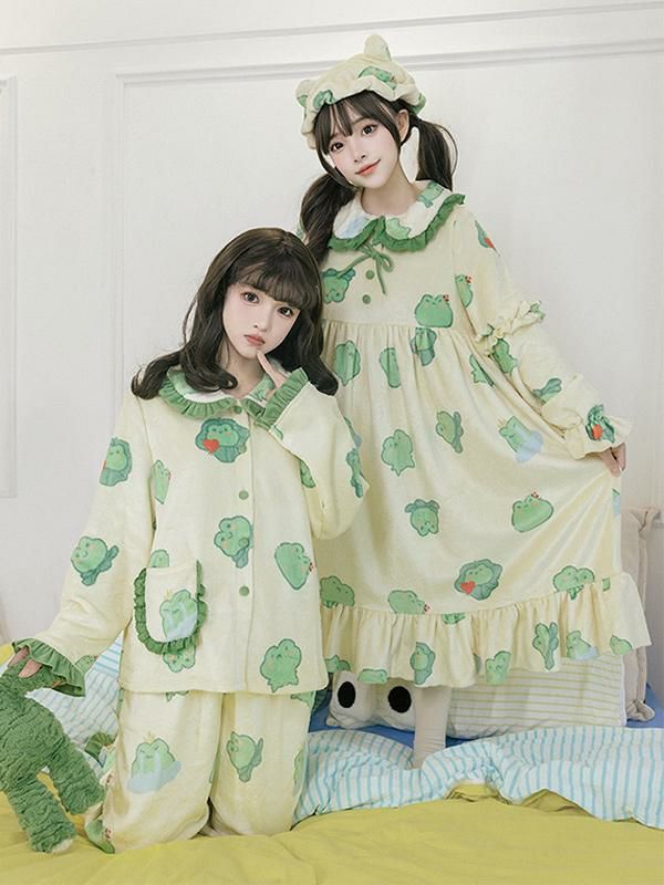 Lolita Clothing |  Sweet Lolita Outfits Green Ruffles Floral Print Long Sleeves Pants Hat Top Hobbies Lolita Clothing