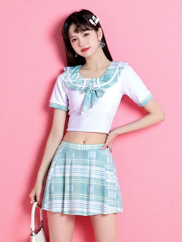 Lolita Clothing |  Sweet Lolita Outfits Light Sky Blue Bows Plaid Short Sleeves Top Pants Hobbies Lolita Clothing