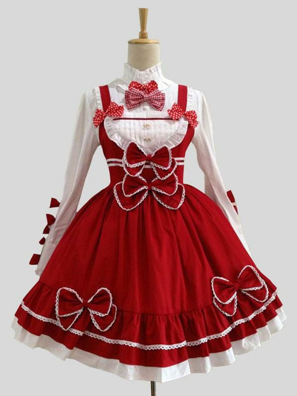 Lolita Clothing |  Sweet Lolita Outfits Long Sleeve Stand Collar Bows Lolita Top With Red Ruffles A Line Jumper Dress Hobbies Lolita Clothing