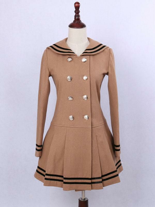 Lolita Clothing |  Sweet Lolita Overcoat Sailor Collar Long Sleeve Double Breasted Pleated Two Tone Light Brown Lolita Coat Hobbies Lolita Clothing