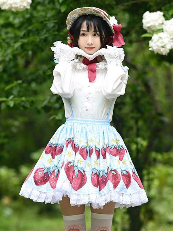 Lolita Clothing |  Sweet Lolita Overskirt Strawberry Pattern Light Sky Blue Lace Lolita Skirts Hobbies Lolita Clothing