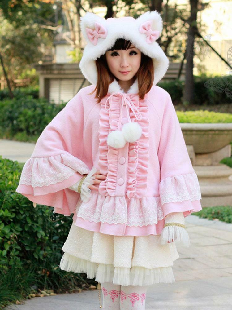 Lolita Clothing |  Sweet Lolita Poncho Coat Pink Hooded Cat Ear Ruffles Winter Wool Coat Hobbies Lolita Clothing