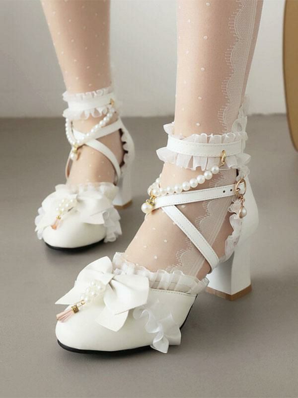 Lolita Clothing |  Sweet Lolita Sandals Bows Pearls Ruffles Round Toe PU Leather White Lolita Summer Shoes Hobbies Lolita Clothing