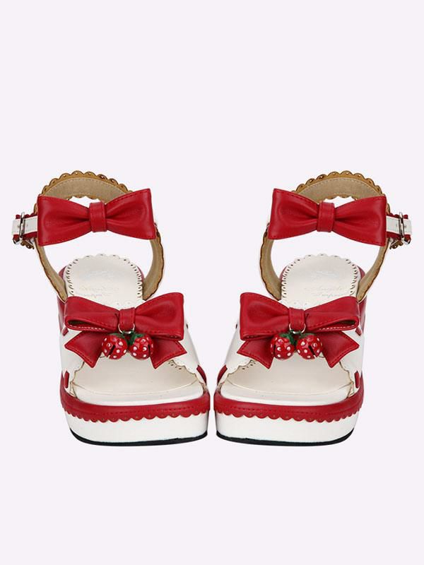 Lolita Clothing |  Sweet Lolita Sandals Strawberry Bell Bows White Lolita Shoes Hobbies Lolita Clothing