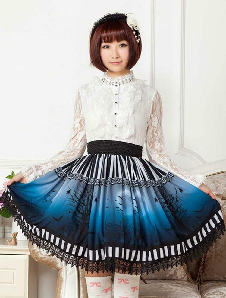 Lolita Clothing |  Sweet Lolita Skirt The Bat Under The Blue And White Moon Night SK Lolita Skirt Hobbies Lolita Clothing