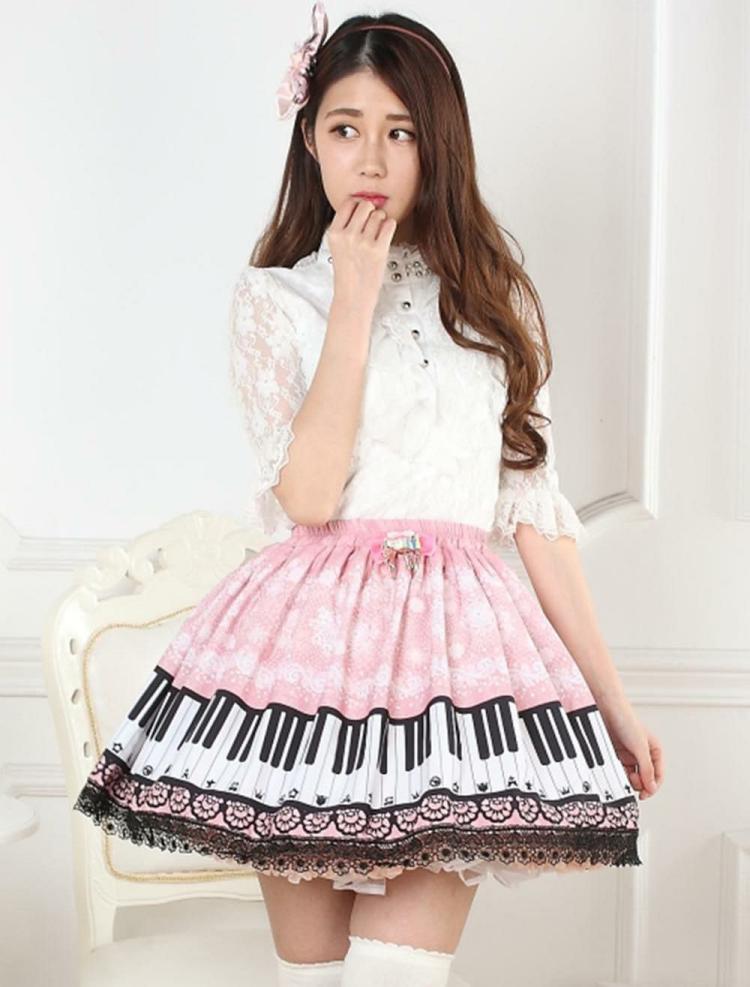 Lolita Clothing |  Sweet Pink Piano Print Lolita Skirt Lace Trim Hobbies Lolita Clothing