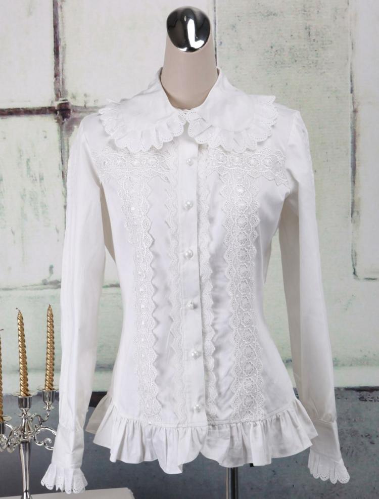 Lolita Clothing |  Sweet White Cotton Lolita Blouse Long Sleeves Ruffles Lace Trim Turn-down Collar Hobbies Lolita Clothing