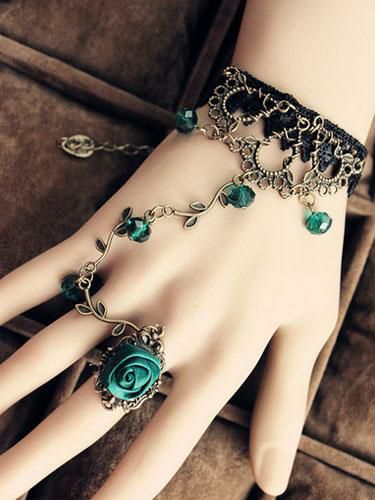 Lolita Clothing |  Vintage Lace Lolita Bracelet with Green Rose Ring Hobbies Lolita Clothing