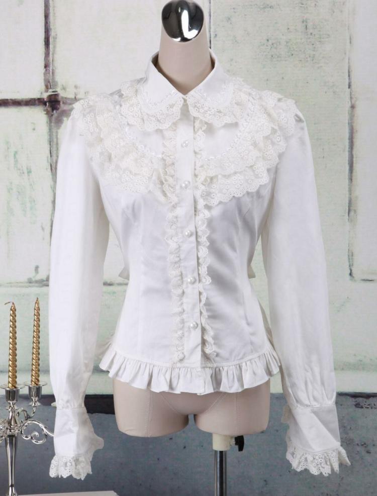 Lolita Clothing |  White Cotton Lolita Blouse Long Sleeves Lace Trim Turn-down Collar Ruffles Hobbies Lolita Clothing