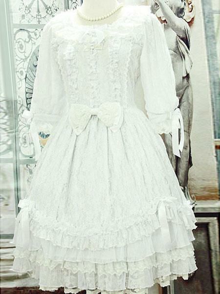 Lolita Clothing |  White Lolita Dress With Lace Bow Cotton for Women Hobbies Lolita Clothing