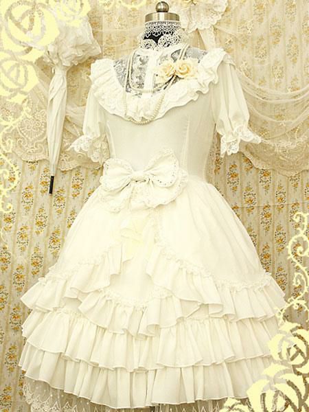 Lolita Clothing |  White Synthetic Lolita Dress With Layered Ruffles Flowers for Women Hobbies Lolita Clothing