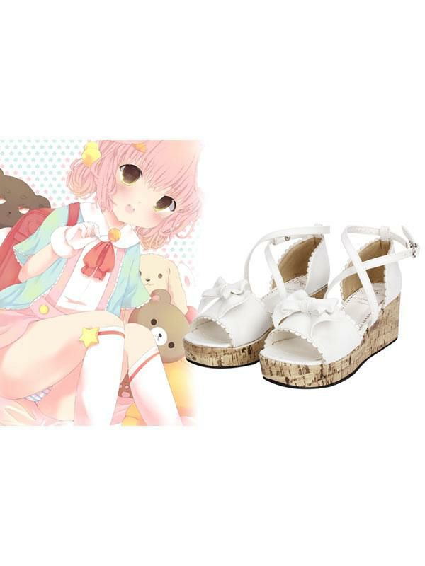 Lolita Clothing |  Wood Grain Sole Lolita Sandals High Platofrm Bow Decor Ankle Strap Hobbies Lolita Clothing