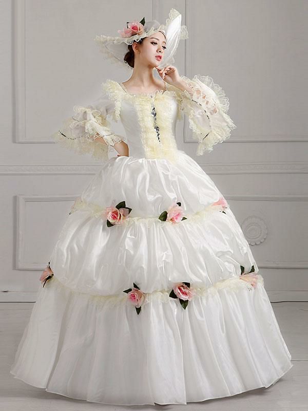 Retro Costume |  18th Century Retro Costumes White Embroidered Marie Antoinette Polyester Headwear Dress Costume Set Hobbies Retro Costume