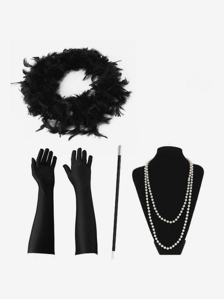 Retro Costume |  1920s Fashion Great Gatsby Accessories Flapper Women Feathers Pearls Necklace Tobacco Pipe Gloves Set Halloween Hobbies Retro Costume