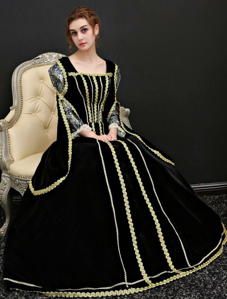 Retro Costume |  Baroque Halloween Costume Vintage Black Velour Long Dresses Hobbies Retro Costume