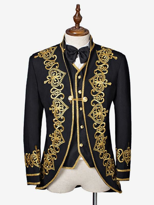 Retro Costume |  Black Baroque Costume Overcoat Embroidered Court Uniform Cloth Costume Halloween Hobbies Retro Costume