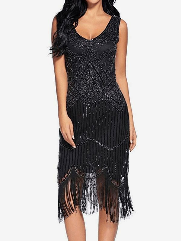 Retro Costume |  Black Great Gatsby 1920s Tassels Sleeveless Charleston Dresses Round Neck 20s Party Outfits Hobbies Retro Costume