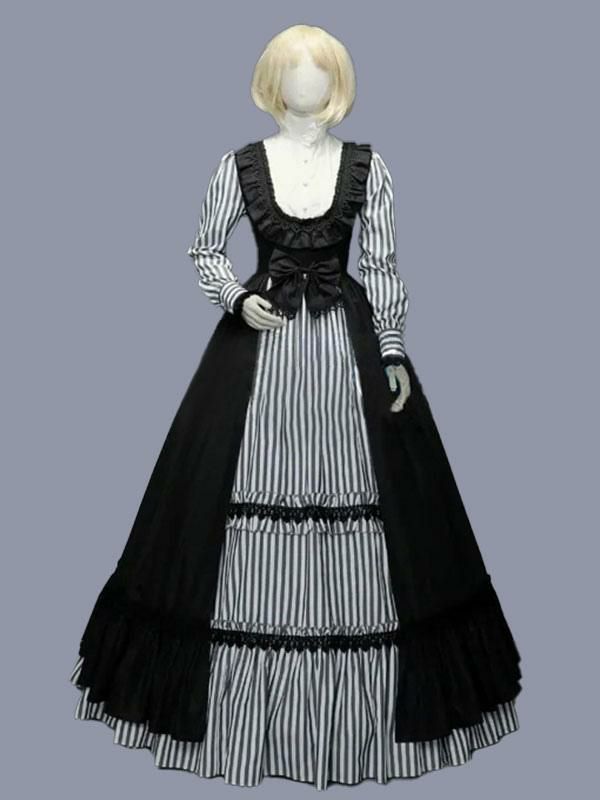 Retro Costume |  Black Retro Costumes Ruffles Polyester Stripes Dress Retro Tunic Marie Antoinette Costume Vintage Clothing Hobbies Retro Costume