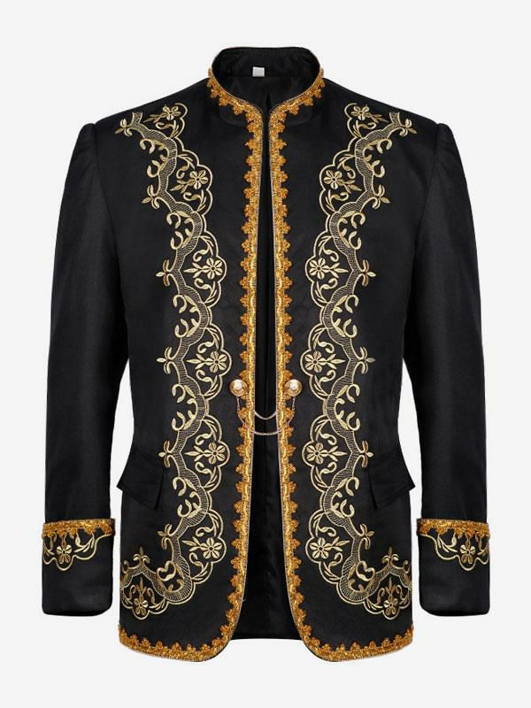 Retro Costume |  Black Vintage Top Retro Embroidered Long Sleeves Polyester Polyester Fiber Overcoat Retro Costumes For Man Hobbies Retro Costume