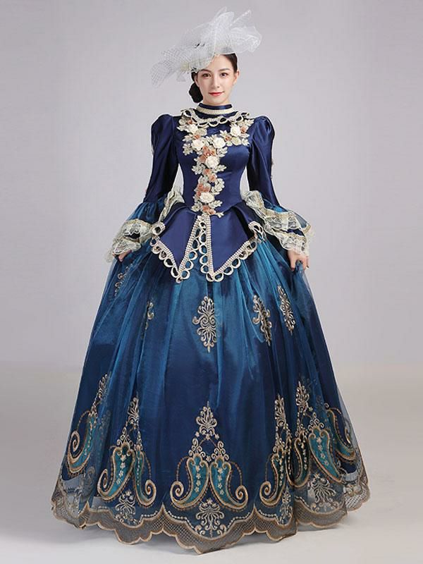 Retro Costume |  Blue Retro Costumes Lace Flowers Polyester Marie Antoinette Costume Tunic Headwear Dress Euro-Style Party Prom Dress Hobbies Retro Costume