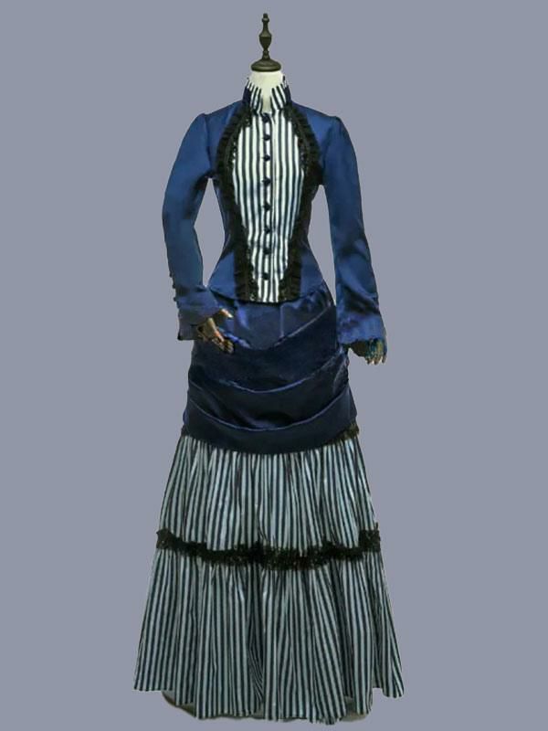 Retro Costume |  Blue Retro Costumes Stripes Ruffles Polyester Tunic Dress Marie Antoinette Costume Retro Vintage Clothing Hobbies Retro Costume