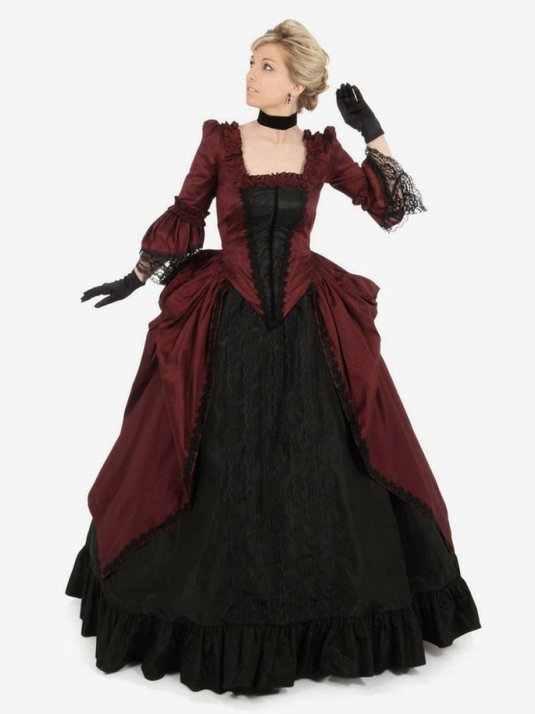 Retro Costume |  Burgundy Retro Costumes Lace Polyester Dress Retro Tunic Marie Antoinette Costume Party Prom Dress Hobbies Retro Costume