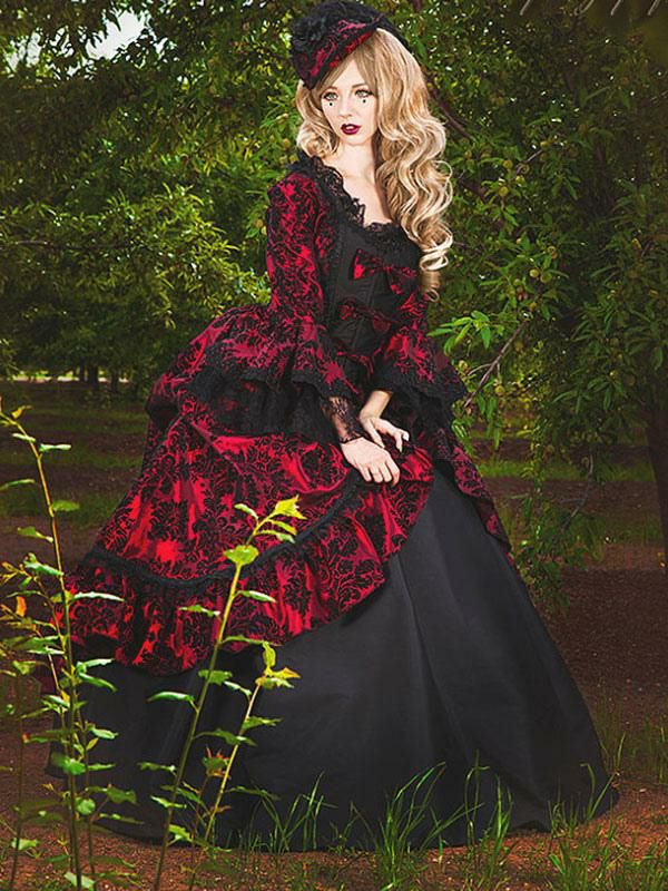 Retro Costume |  Burgundy Retro Costumes Lace Ruffles Polyester Tunic Dress Retro Marie Antoinette Costume Party Prom Dress Hobbies Retro Costume