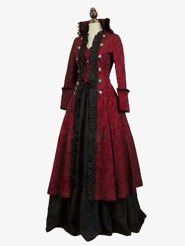 Retro Costume |  Burgundy Retro Costumes Ruffles Polyester Floral Print Marie Antoinette Costume Dress Retro Tunic 18th Century Costume Hobbies Retro Costume