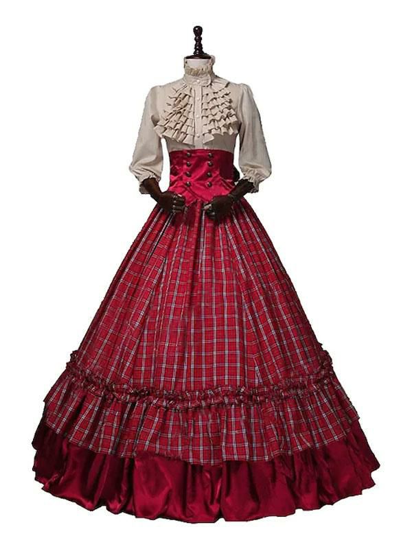 Retro Costume |  Burgundy Retro Costumes Ruffles Polyester Plaid Top Marie Antoinette Costume Euro-Style Set 18th Century Costume Hobbies Retro Costume