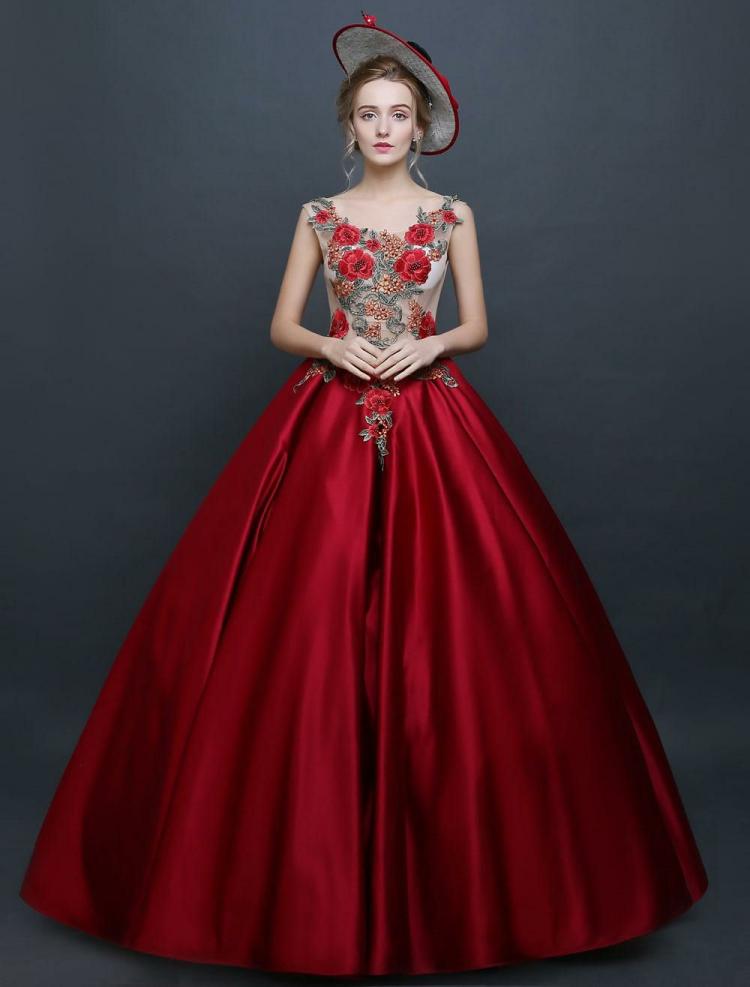 Retro Costume |  Burgundy Vintage Costume Victorian Princess Sleeveless Ball Gown Chic Satin Dress Halloween Hobbies Retro Costume