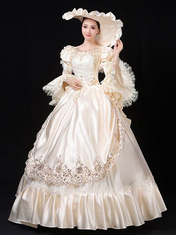 Retro Costume |  Ecru White Retro Costumes Marie Antoinette Costume Lace Ruffles Polyester Tunic Dress Hat Vintage 18th Century Costume Hobbies Retro Costume