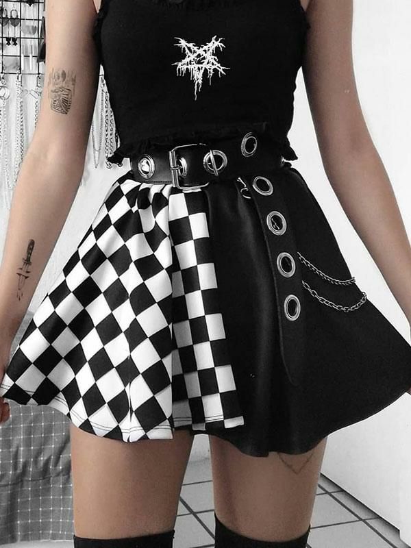 Retro Costume |  Gothic Skirt For Women Black Chains Grommets Hip Hop Polyester Plaid Pattern Mini Skirt Hobbies Retro Costume