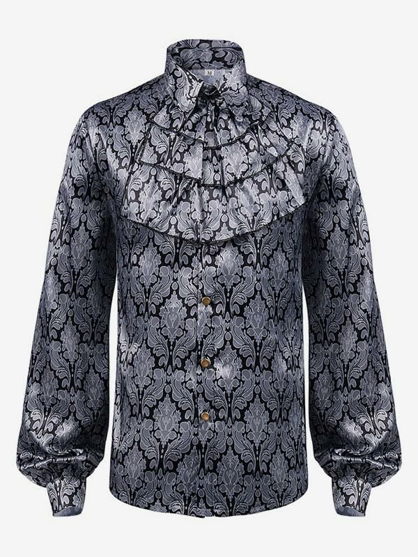 Retro Costume |  Gray Vintage Top Renaissance Pleated Floral Print Long Sleeves Polyester Polyester Fiber Shirt Retro Costumes For Man Hobbies Retro Costume