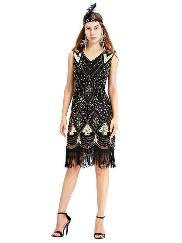 Retro Costume |  Great Gatsby Costume Black Gold Fringe Sequins Vintage 1920s Fashion Style Flapper Dress Outfits Hobbies Retro Costume