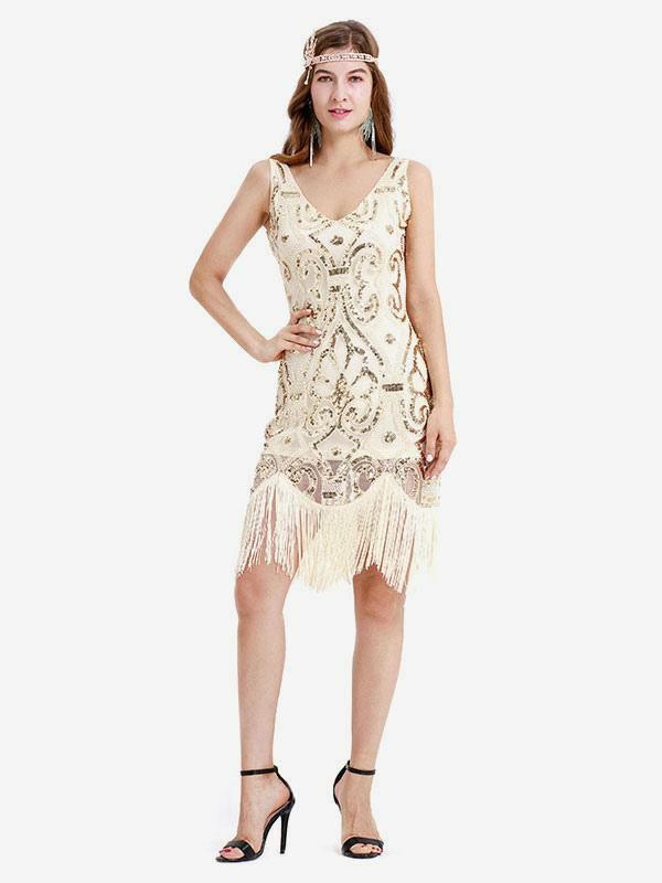 Retro Costume |  Great Gatsby Dress Apricot Fringe Sequins Vintage 1920s Fashion Style Flapper Dress Outfits Hobbies Retro Costume