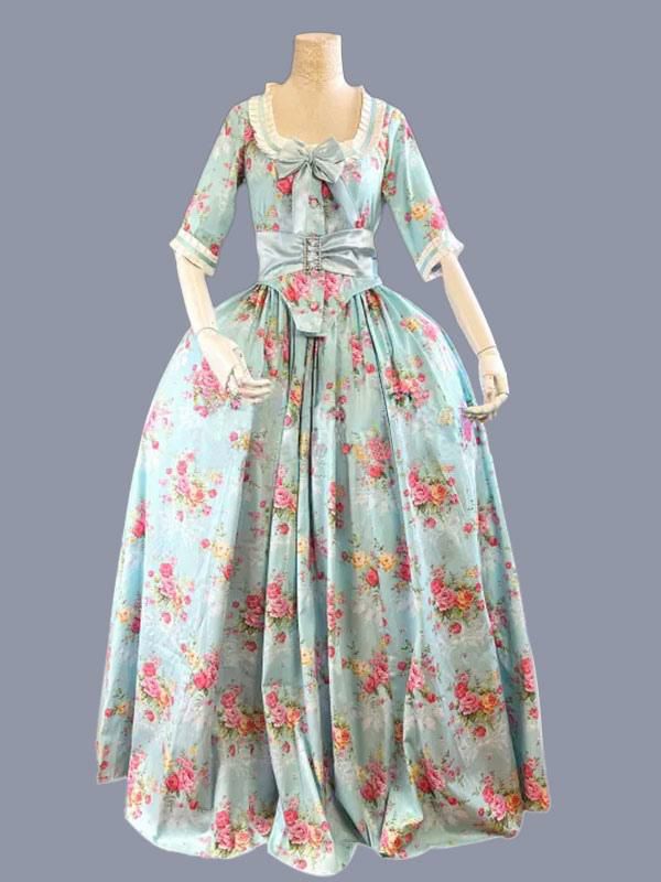 Retro Costume |  Green Retro Costumes Floral Print Ruffles Bows Polyester Tunic Dress Marie Antoinette Costume Retro Party Prom Dress Hobbies Retro Costume