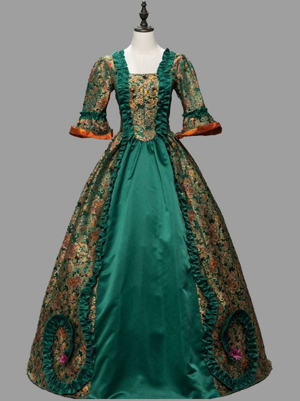 Retro Costume |  Green Retro Costumes Ruffles Polyester Floral Print Marie Antoinette Costume Dress Retro Tunic 18th Century Costume Hobbies Retro Costume