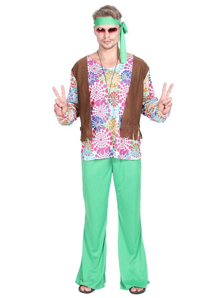 Retro Costume |  Green vintage Set Hippies Floral Print Long Sleeves Polyester Polyester Fiber Top Retro Costumes For Man Hobbies Retro Costume