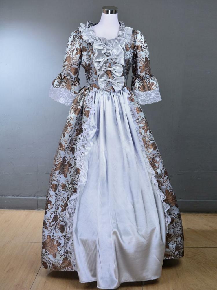 Retro Costume |  Light Gray Retro Costumes Ruffles Polyester Floral Print Marie Antoinette Costume Dress Royal Tunic 18th Century Costume Hobbies Retro Costume