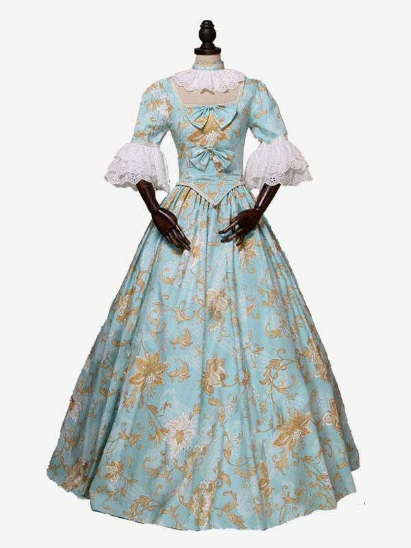 Retro Costume |  Light Sky Blue Retro Costumes Bows Polyester Floral Print Dress Marie Antoinette Costume Royal Tunic Masquerade Ball Gown Hobbies Retro Costume