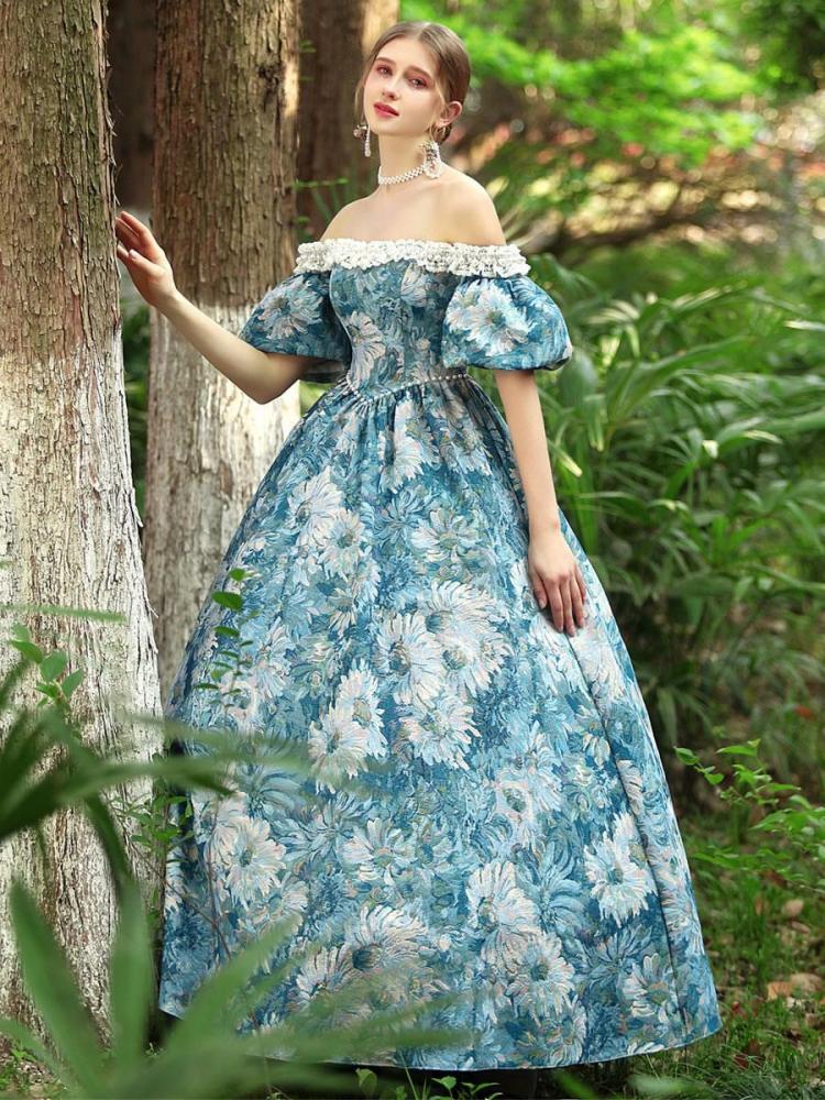 Retro Costume |  Light Sky Blue Retro Costumes Floral Print Polyester Dress Gothic Marie Antoinette Costume 18th Century Costume Hobbies Retro Costume