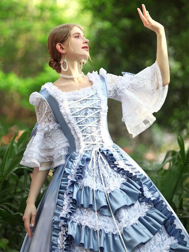 Retro Costume |  Light Sky Blue Retro Costumes Ruffles Polyester Marie Antoinette Costume Dress Euro-Style Vintage Clothing Hobbies Retro Costume