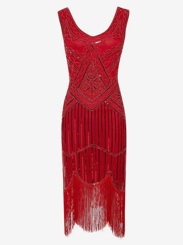 Retro Costume |  Red Flapper Dress Stripes Sequins Bead Fringe 1920s Fashion Style Outfits Great Gatsby with Tassels Costume Retro 20s Party Dress Hobbies Retro Costume