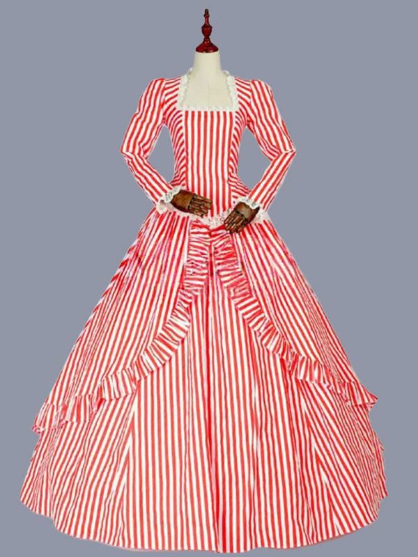 Retro Costume |  Red Retro Costumes Ruffles Polyester Marie Antoinette Costume Stripes Dress Retro Tunic Party Prom Dress Hobbies Retro Costume