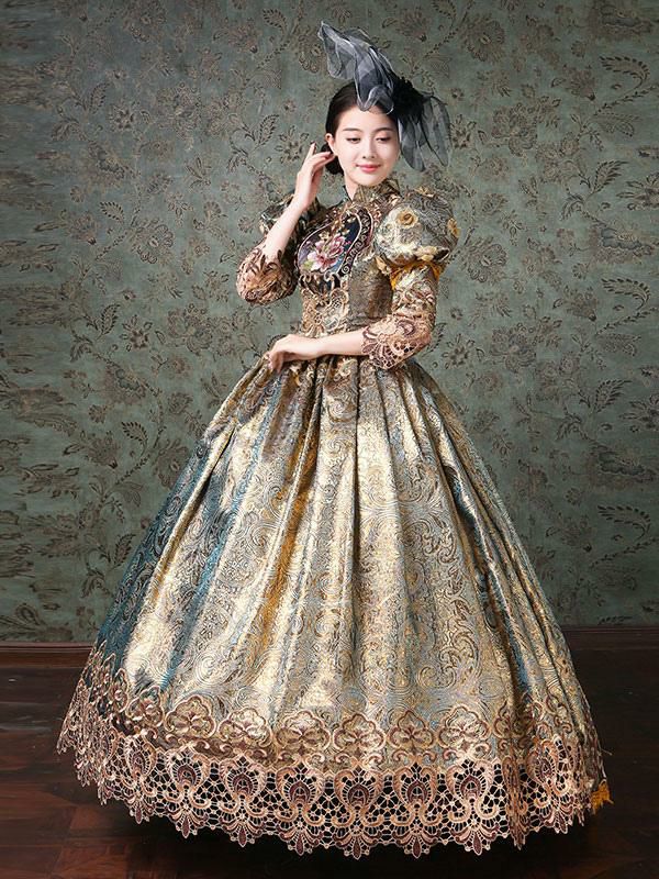 Retro Costume |  Rococo Victorian Dress Chinese Style Floral Print Lace 3/4-Length Sleeve Champagne Classical Lolita Dress Hobbies Retro Costume