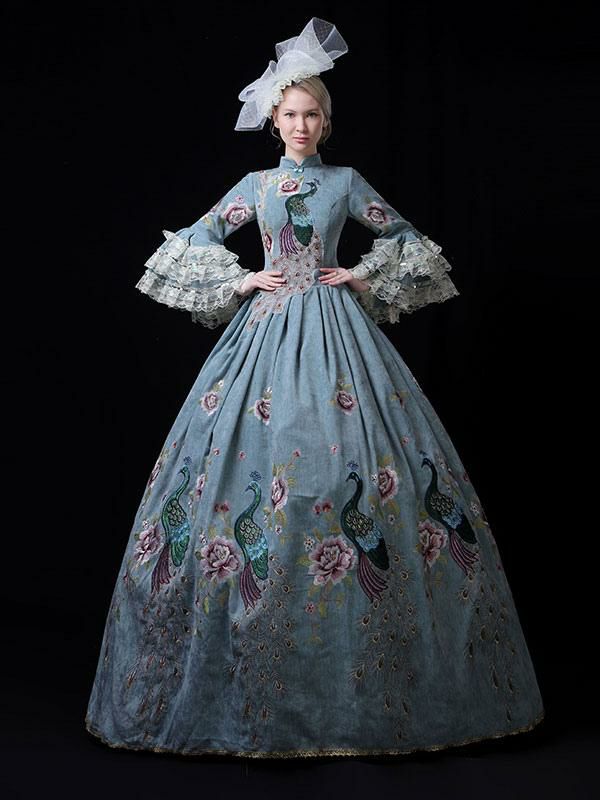 Retro Costume |  Teal Retro Costumes Lace Marie Antoinette Costume Polyester Floral Print Dress Euro-Style Tunic Masquerade Ball Gown Hobbies Retro Costume