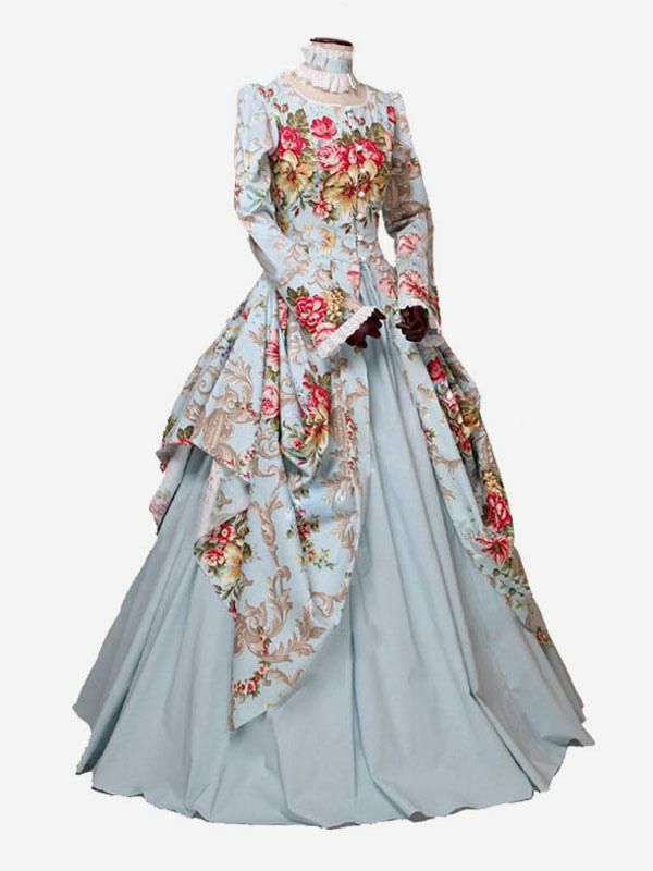 Retro Costume |  Victorian Dress Costme Sateen Light Sky Blue Floral Print Marie Antoinette Ball Gown trumpet Long Sleeves with Choker Victorian Era Clothing Costumes Halloween Hobbies Retro Costume