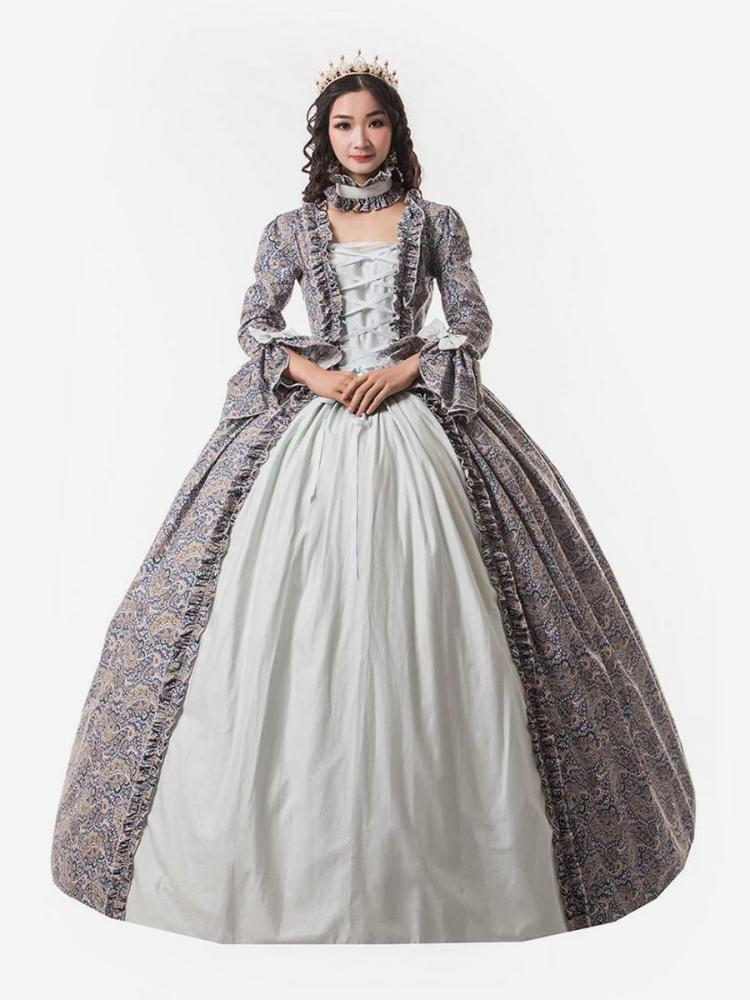 Retro Costume |  Victorian Dress Costume Baby Blue Trumpet Long Sleeves Ruffle Floral Print Ball Gown Victorian Era Style Set with Choker Vintage Clothing Halloween Hobbies Retro Costume